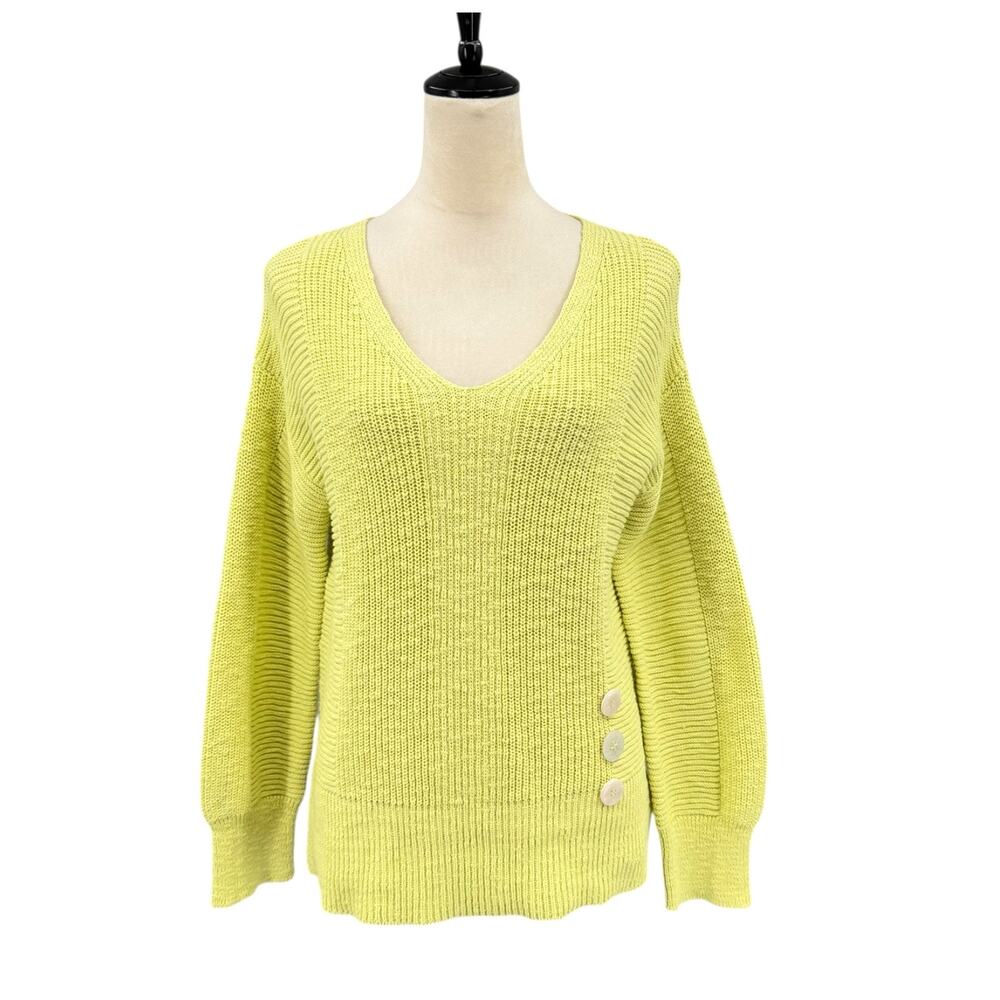 Neon Buddha XS Fluorescent Chartreuse Relaxed V-Neck Button Knit Sweater